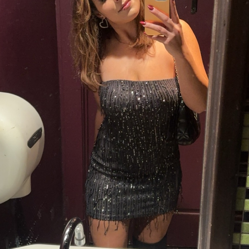 Sequin Fringe Charcoal Strapless Mini Dress (Size S)